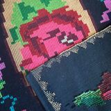 Hand-woven wool carpet black background with large roses 214x158cm