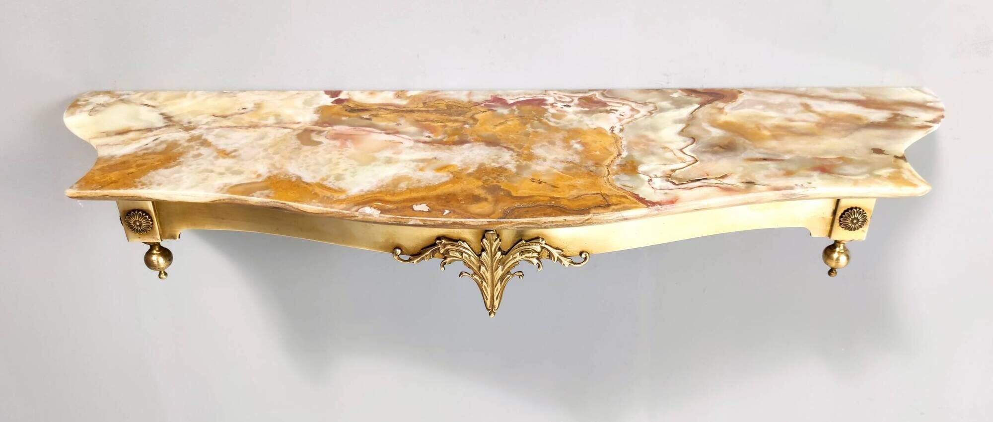 Vintage Wall-Mounted Brass Console Table with Yellow Onyx Top, Italy