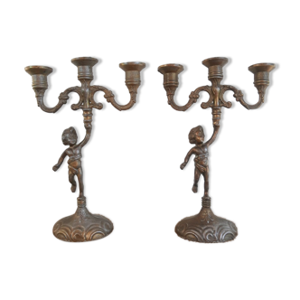 Pair of candlesticks three branches angels cherubs in regulate - vintage