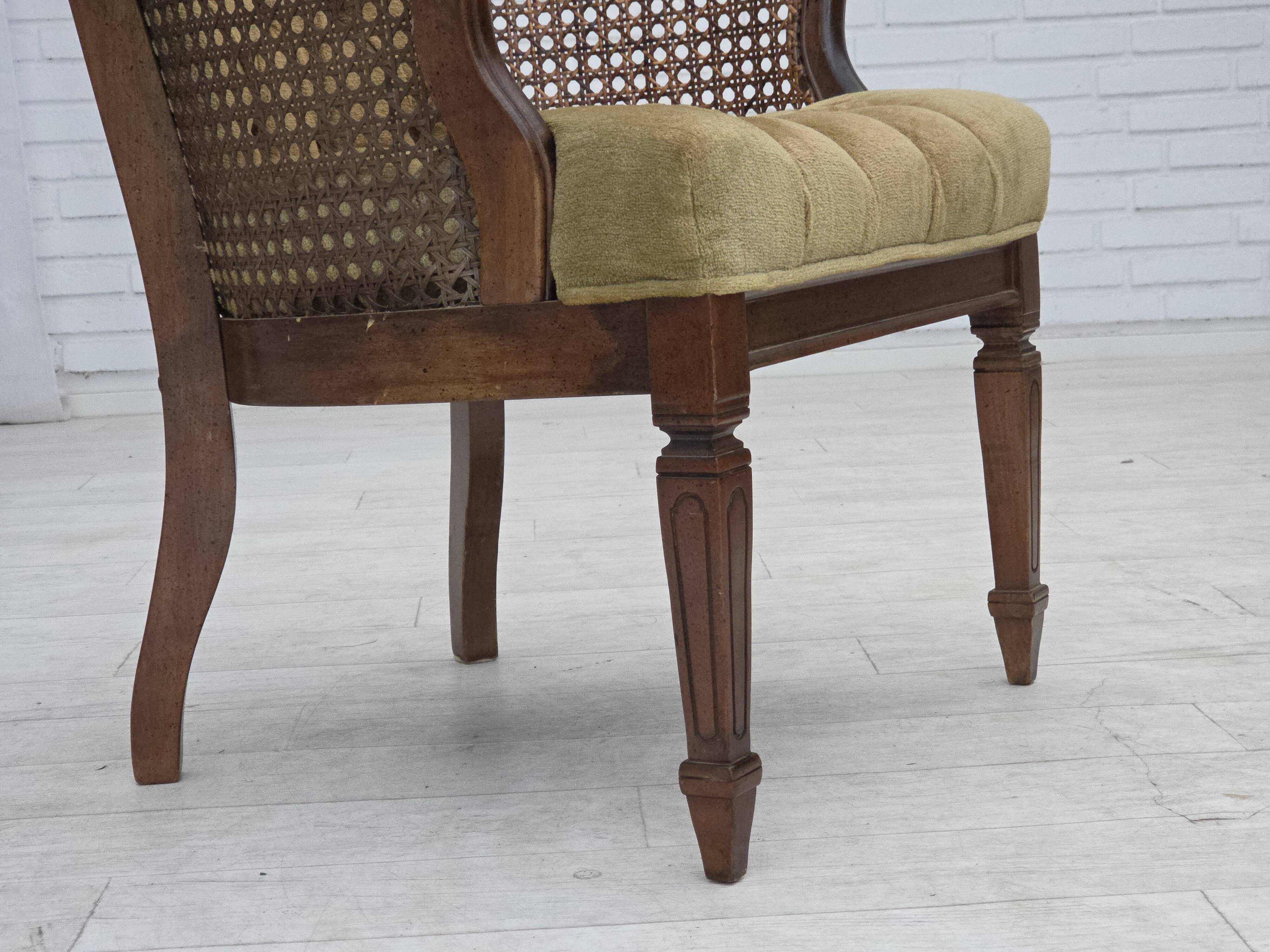 1950s, Danish easy chair, furniture velour, furniture mesh, oak wood.