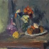 Old painting, oil on wood, still life with wine decanter, fruit cup and bouquet of flowers