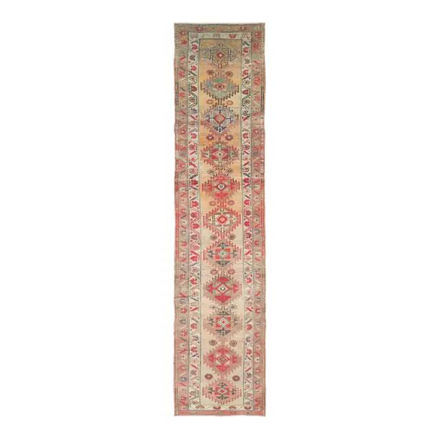 1970s Turkish Hand-Knotted Wool Cotton Pink Runner 81x380