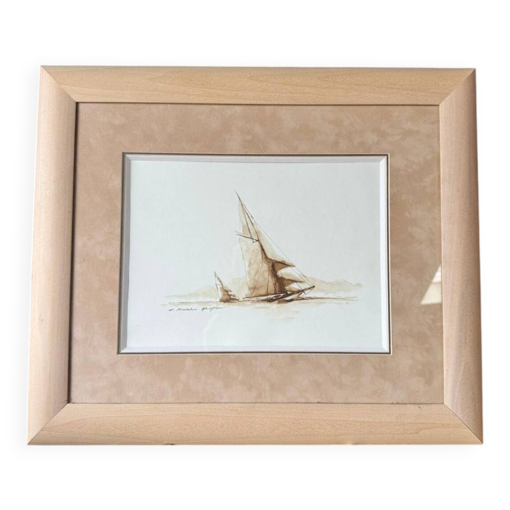 Marine watercolor of Honfleur by Francis Kuhlen, mid-20th century