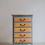 Commode à 5 tiroirs en bois naturel et fond bleu en chêne semi-massif