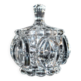Thick moulded crystal sugar bowl with a beaded and medallion design.