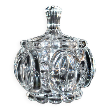 Thick moulded crystal sugar bowl with a beaded and medallion design.
