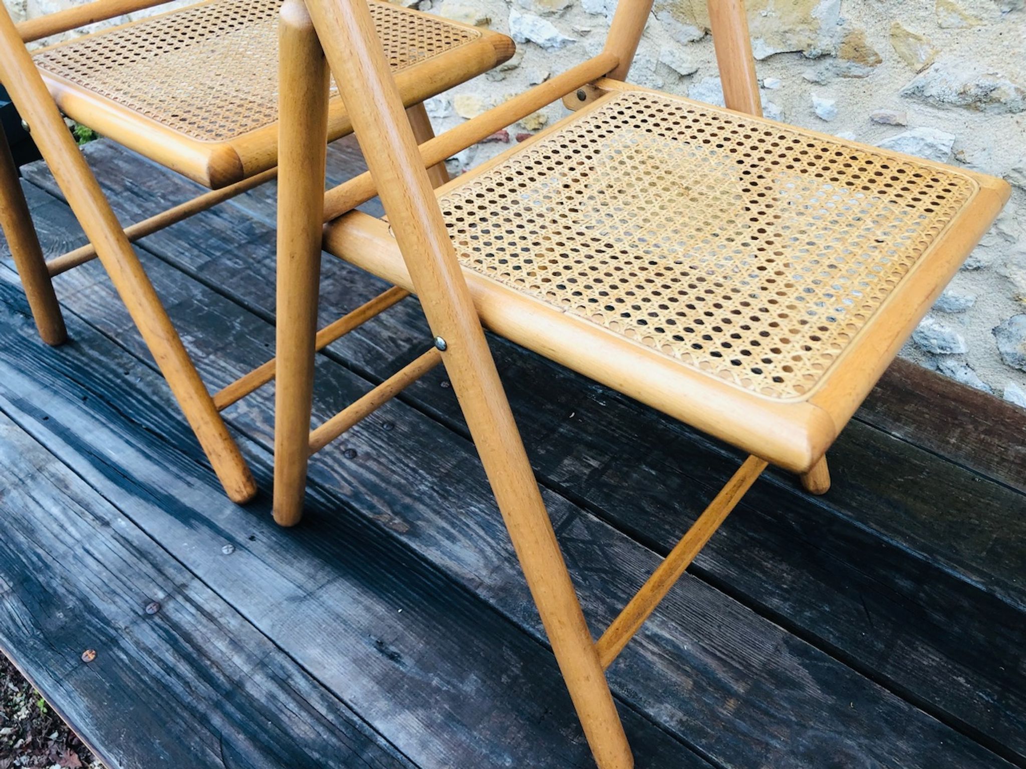 Set of 2 vintage folding chairs, rattan cane for Habitat, circa 70/80