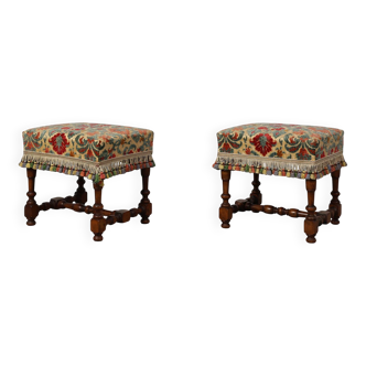 Early 20th Century Pair of Wood & Fabric French Footstools