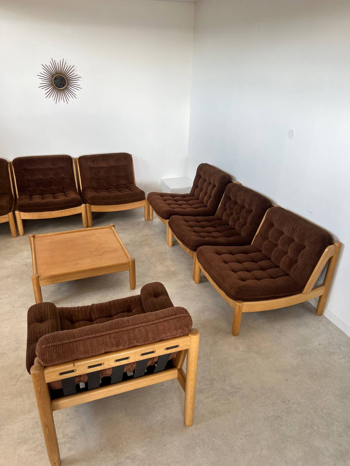 Old modular living room 7 armchairs and vintage Scandinavian design coffee table from the 60s