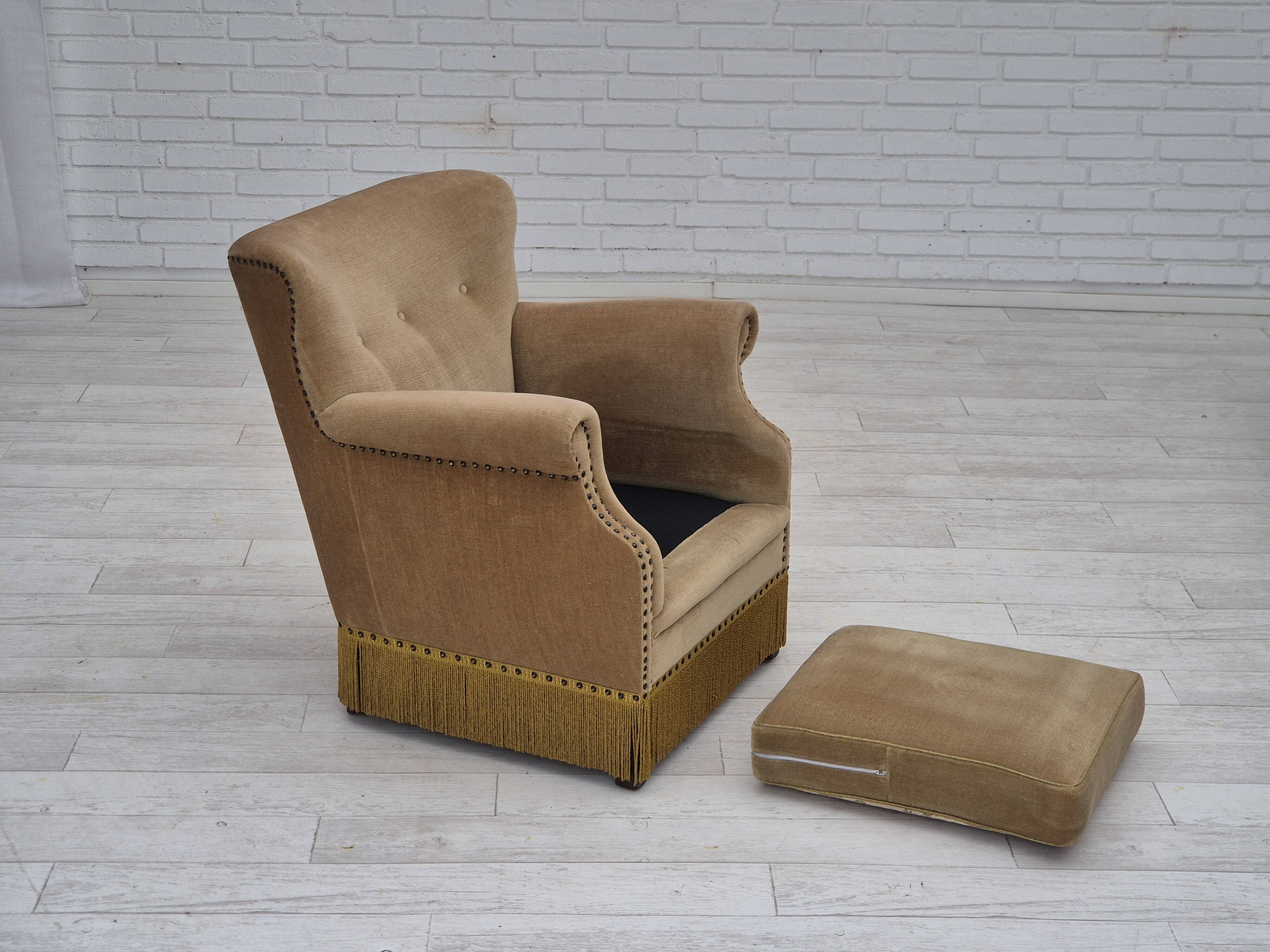 1960s, Danish lounge chair, green furniture velour, original condition.