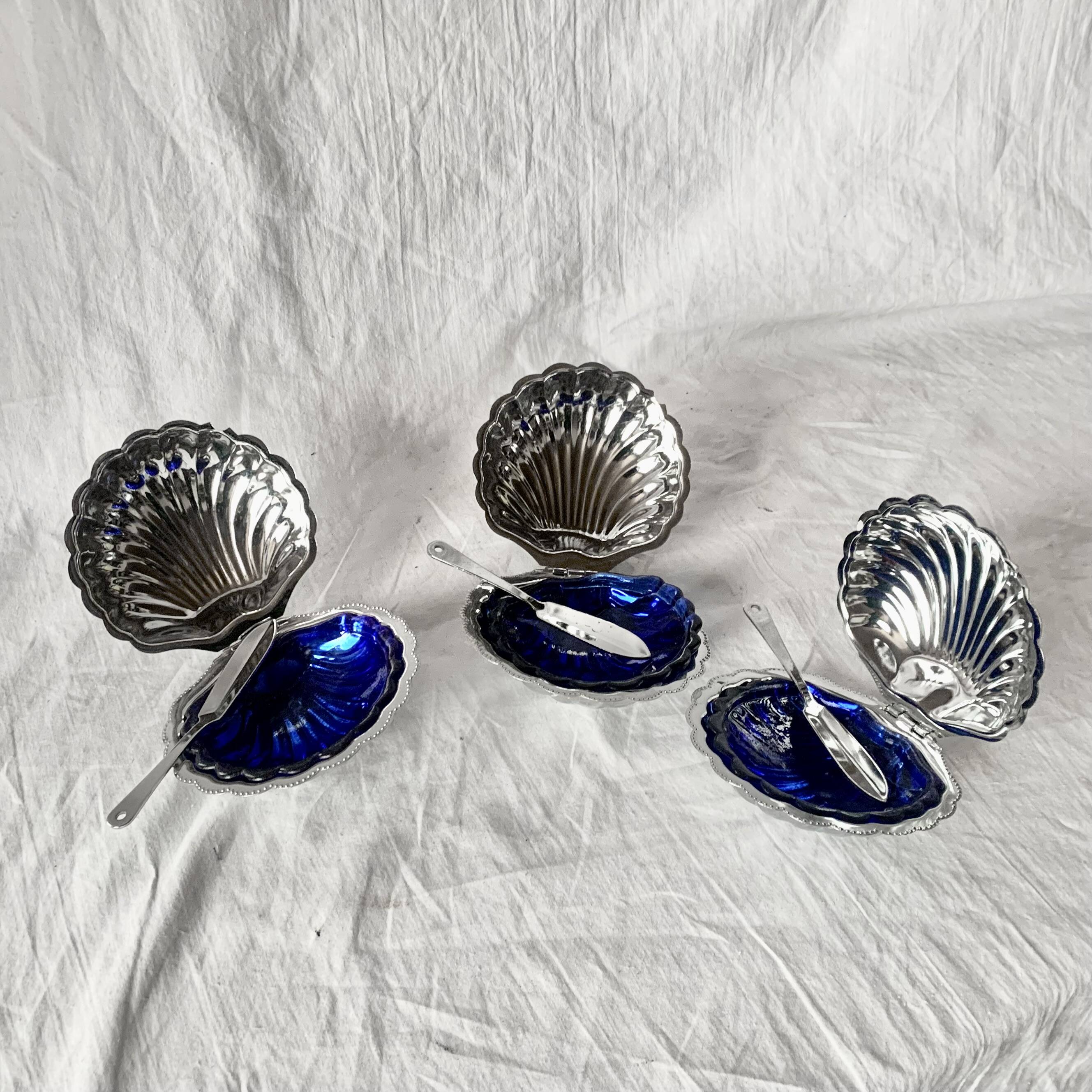 Set of 3 vintage shell butter dishes in stainless steel and cobalt blue glass