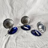 Set of 3 vintage shell butter dishes in stainless steel and cobalt blue glass