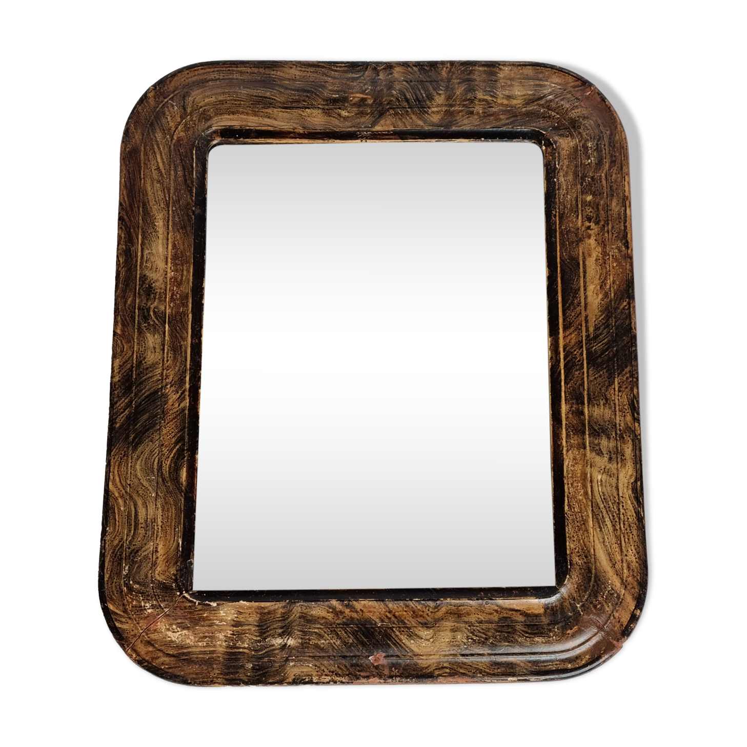 Antique Louis-Philippe mirror, rounded corners, imitation wood, 30 x 37 cm