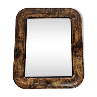 Miroir ancien Louis-Philippe, coins arrondis, imitation bois, 30 x 37 cm