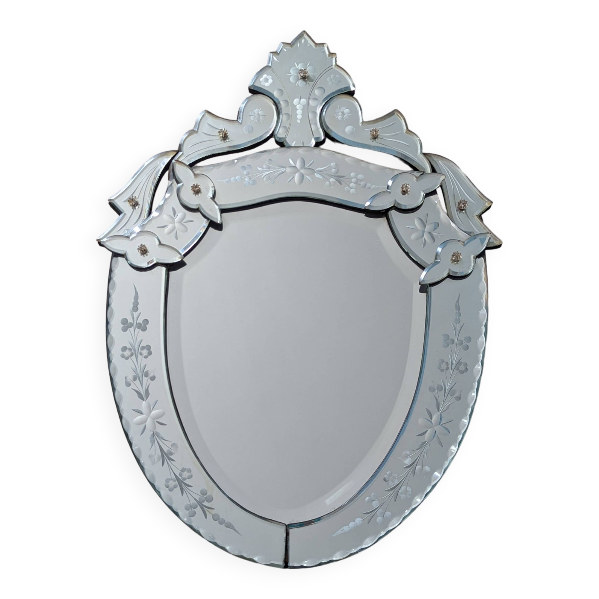 Ancien miroir vénitien, fronton biseauté base bois