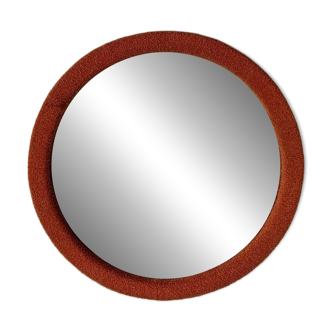 Round coral orange wall mirror made of wood covered with fabric - Mid-Century style, 1950s