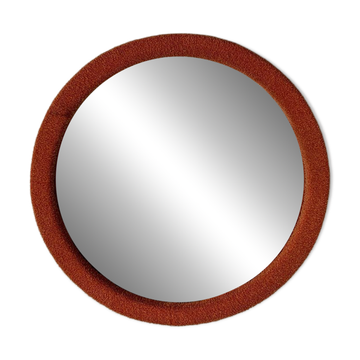 Miroir mural rond orange corail en bois recouvert de tissu - style Mid‑Century, 1950s