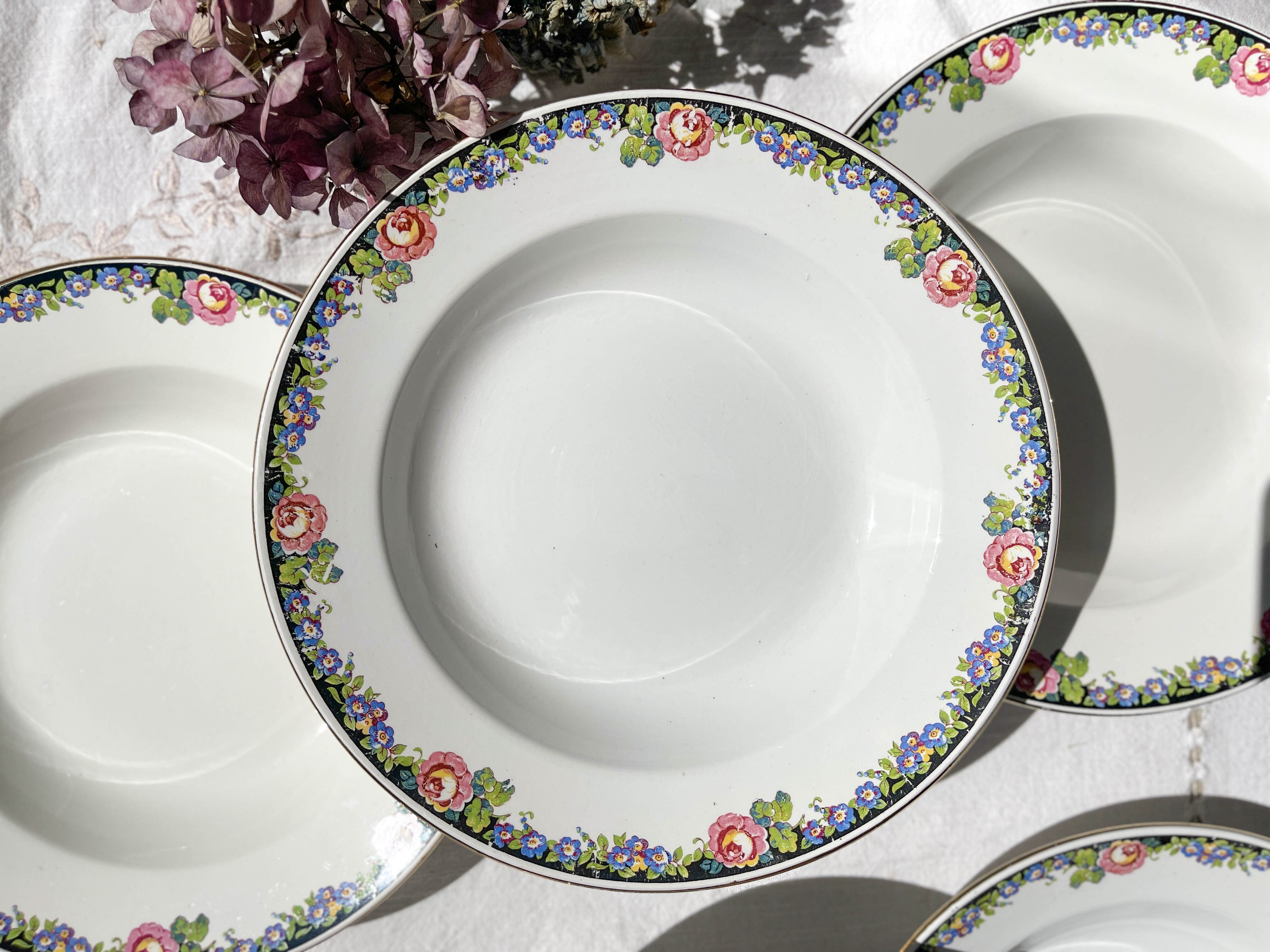 6 Digoin opaque porcelain soup plates with floral pattern "3984"