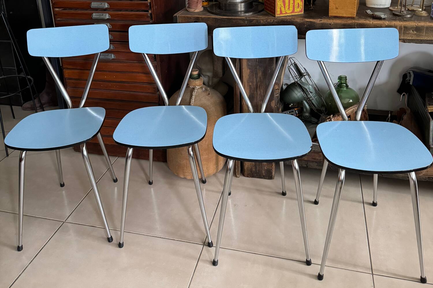 Set of 4 blue Formica chairs