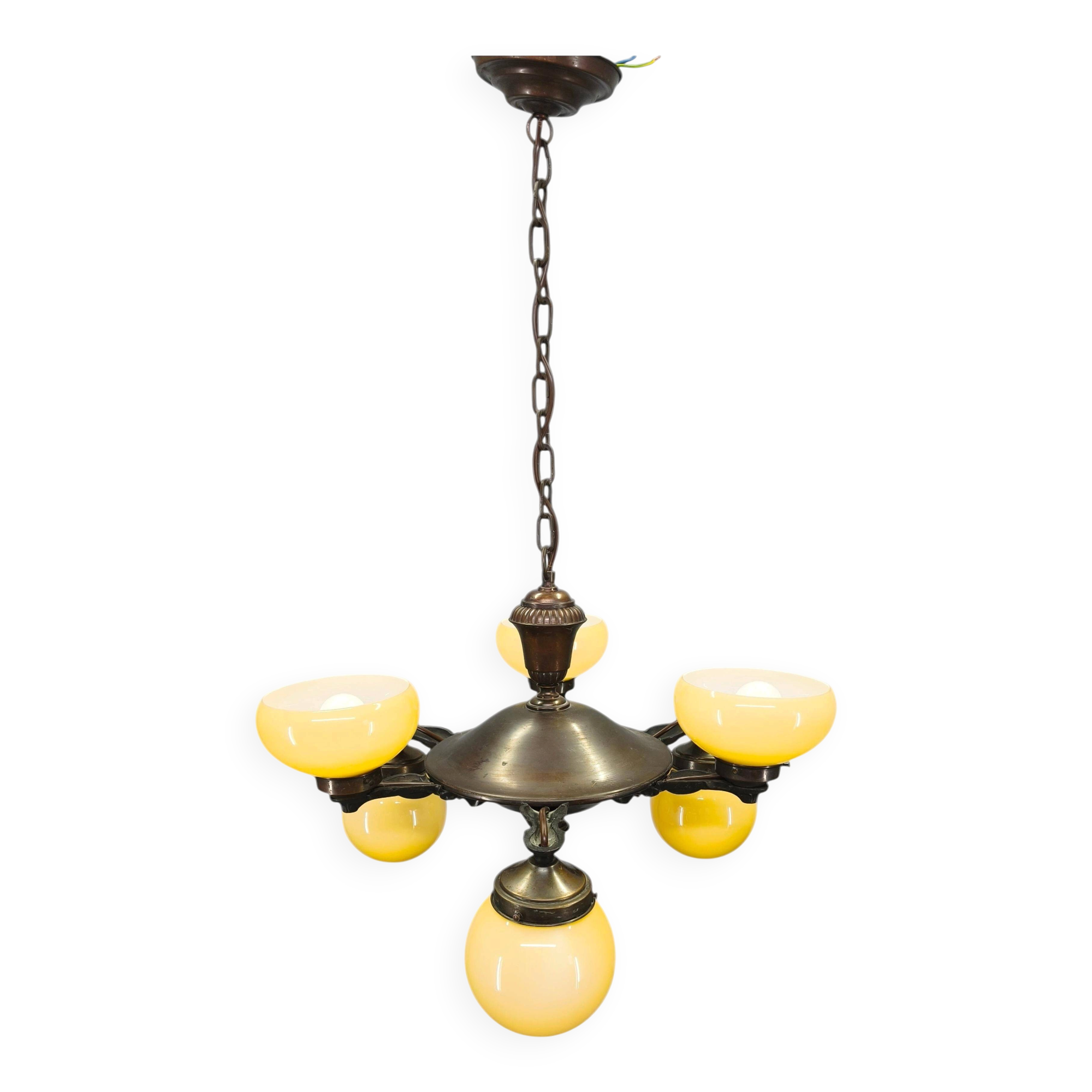 Art Deco Chandelier in Czech Brass with Cream Glass, 1920s