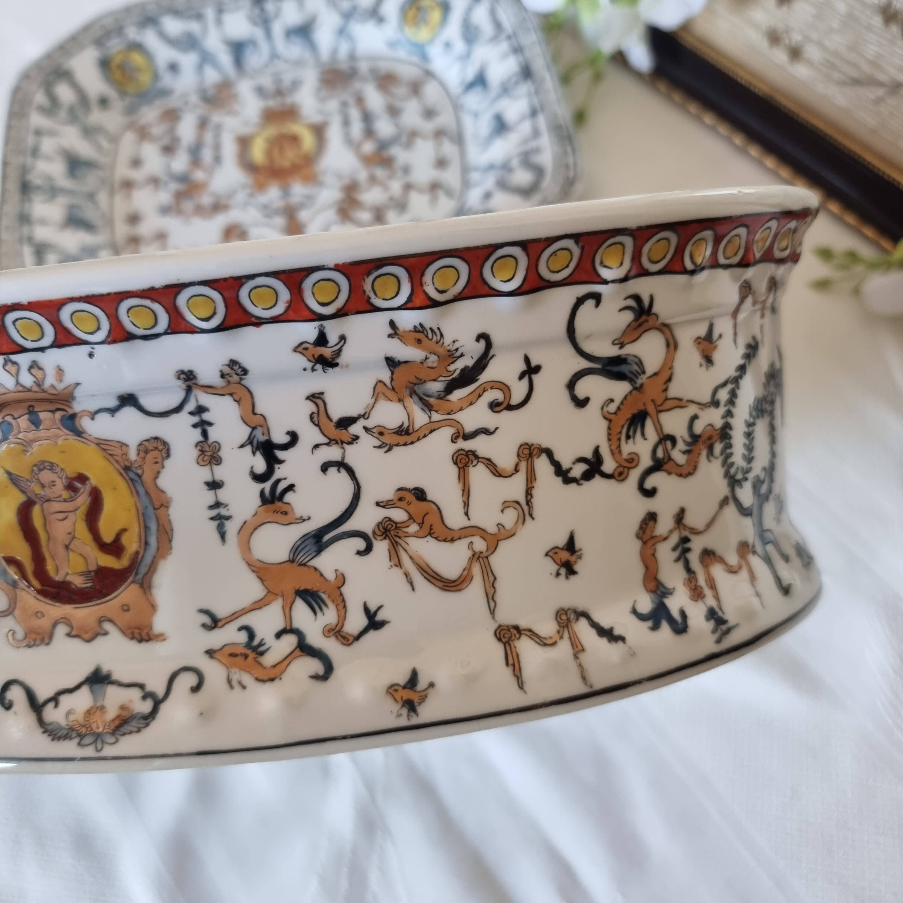 Hand-painted Toussi Court plate or tray and planter set