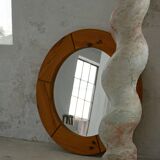 Large round wall mirror in solid pine by Glasmäster Markaryd, Sweden, 1960s.