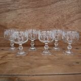 Set of 6 white wine/port glasses with grape and vine branch decoration cristal d'arc
