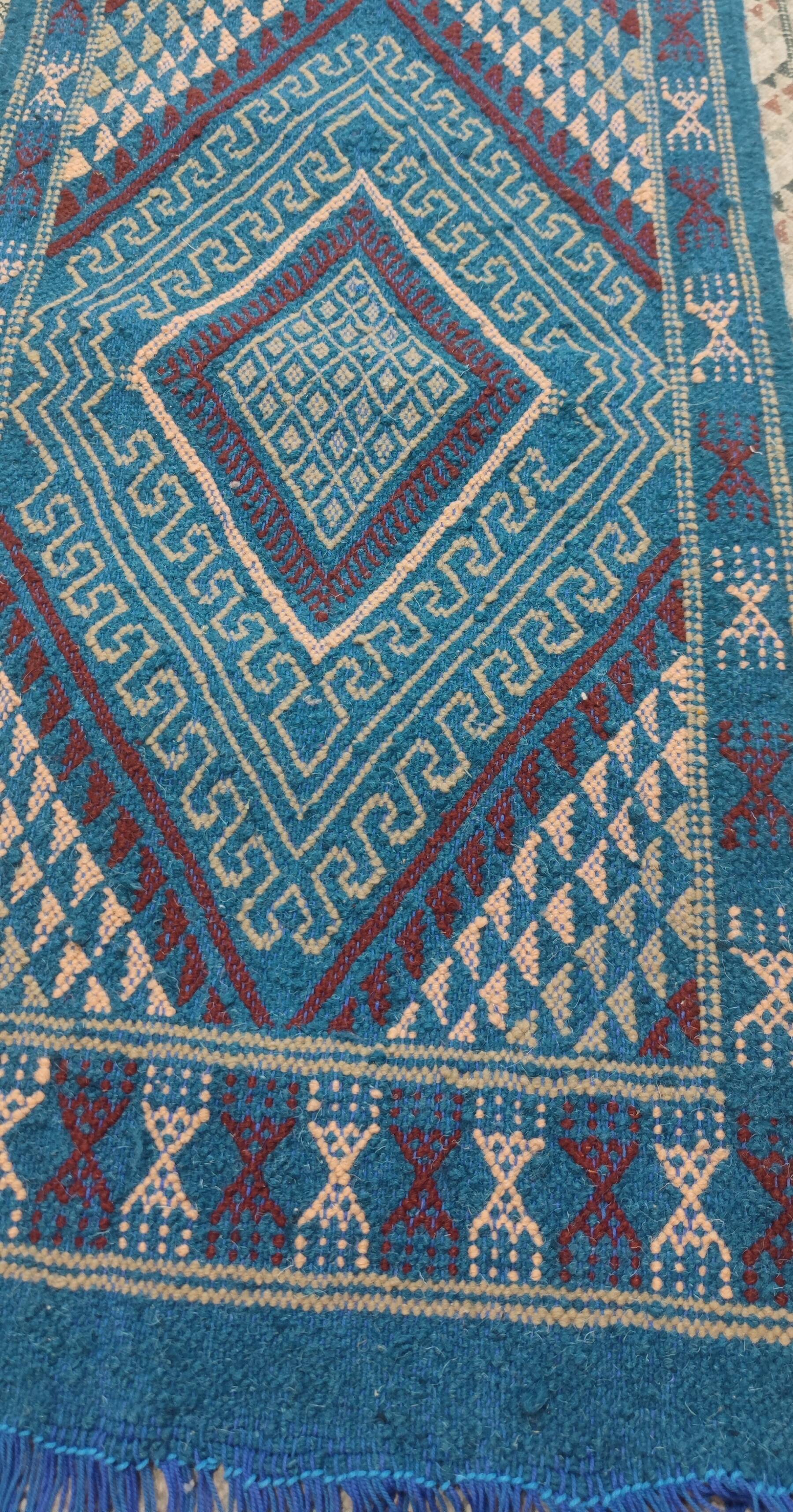 Handmade blue mergoum rug in natural wool