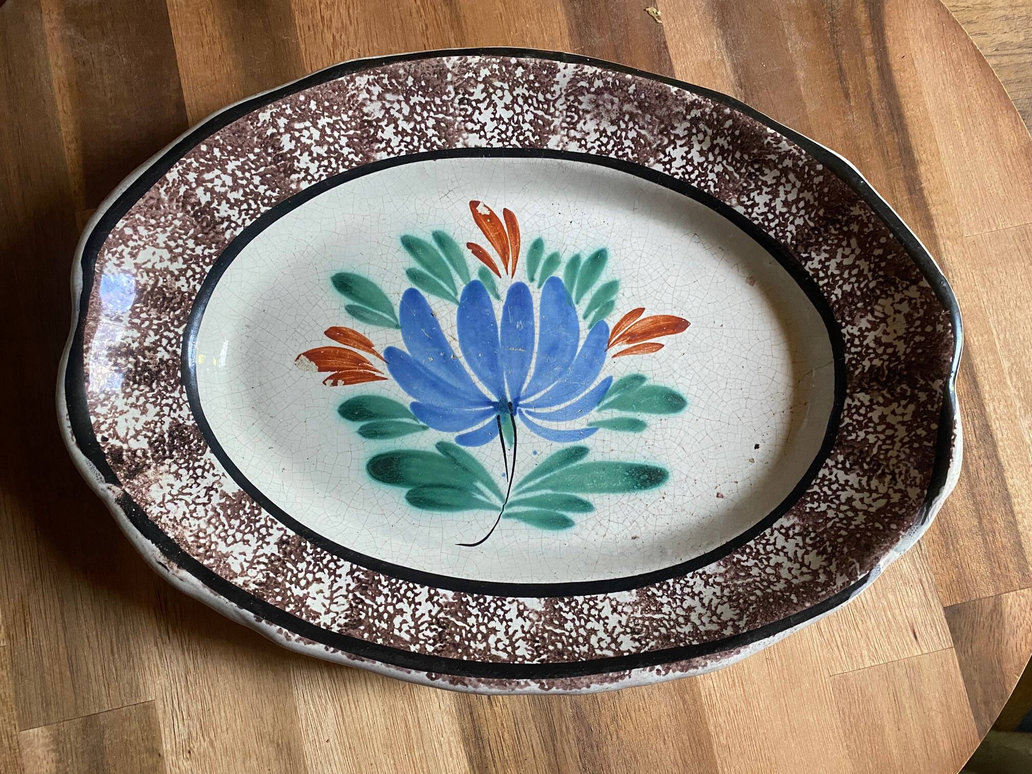 Ceramic plate, antique late 19th - early 20th century, known as "Cul-noir" from Normandy.