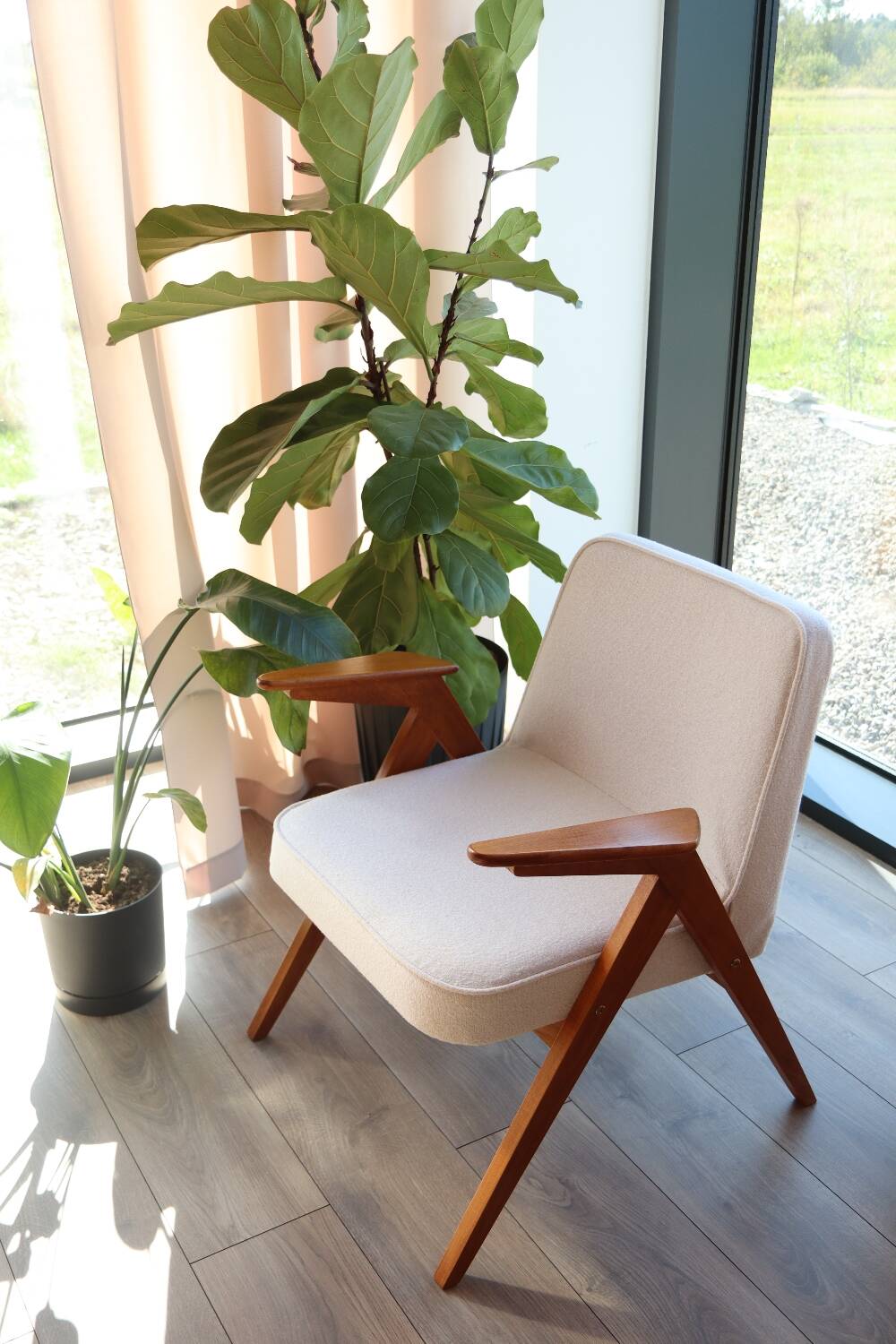 Vintage armchair white curly natural wood boho design by Chierowski 1970
