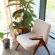 Vintage armchair white curly natural wood boho design by Chierowski 1970