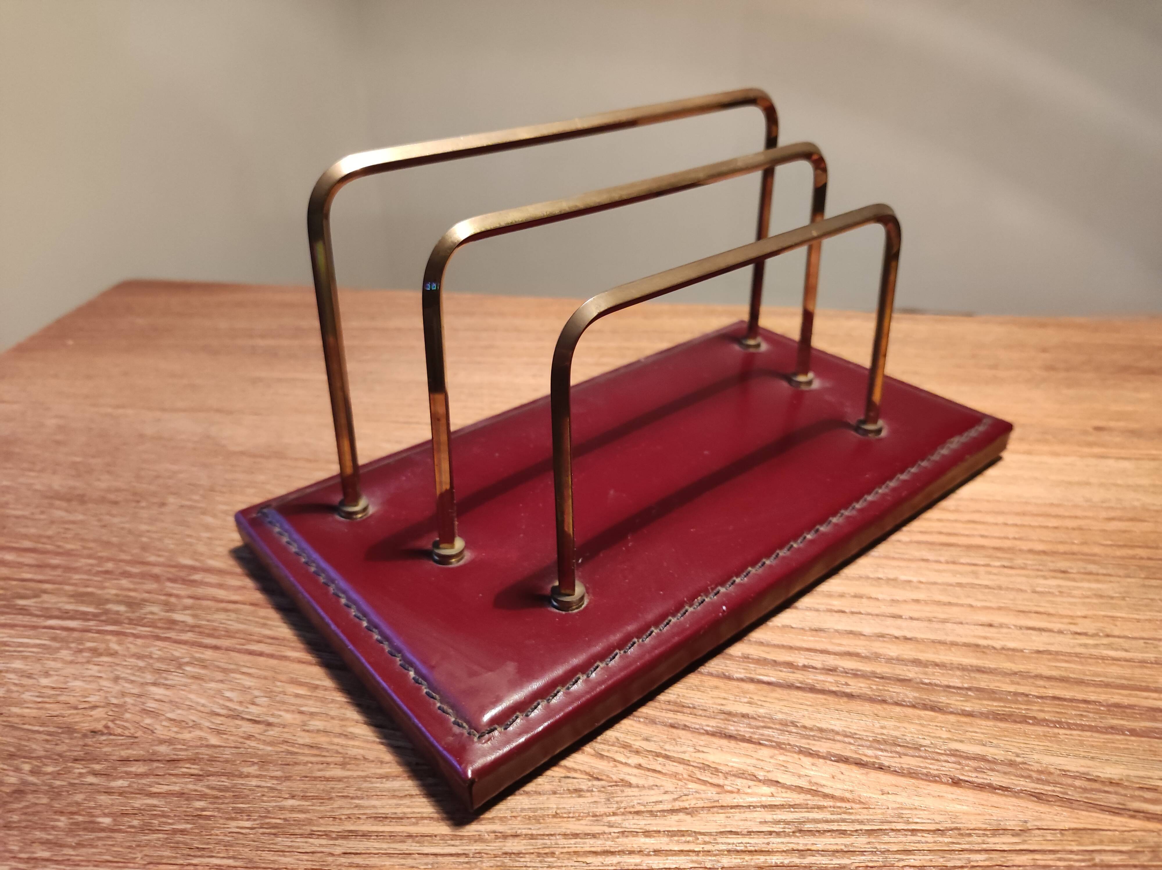 Letter holder sorter mail office leather quilted vintage brass