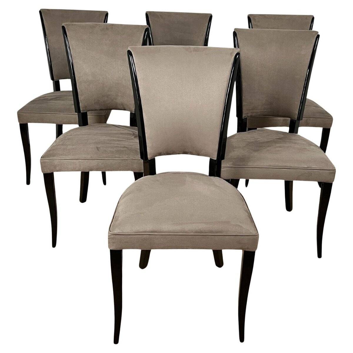 Art Deco Chairs in Black Lacquer & Grey Alcantara, France, 1930s, Set of 6