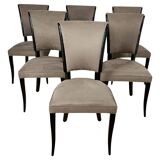 Art Deco Chairs in Black Lacquer & Grey Alcantara, France, 1930s, Set of 6