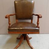 Chaise de bureau vintage en merisier et cuir