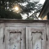 Grey double wardrobe in hand-painted pine — romantic floral pattern, 1920s era.