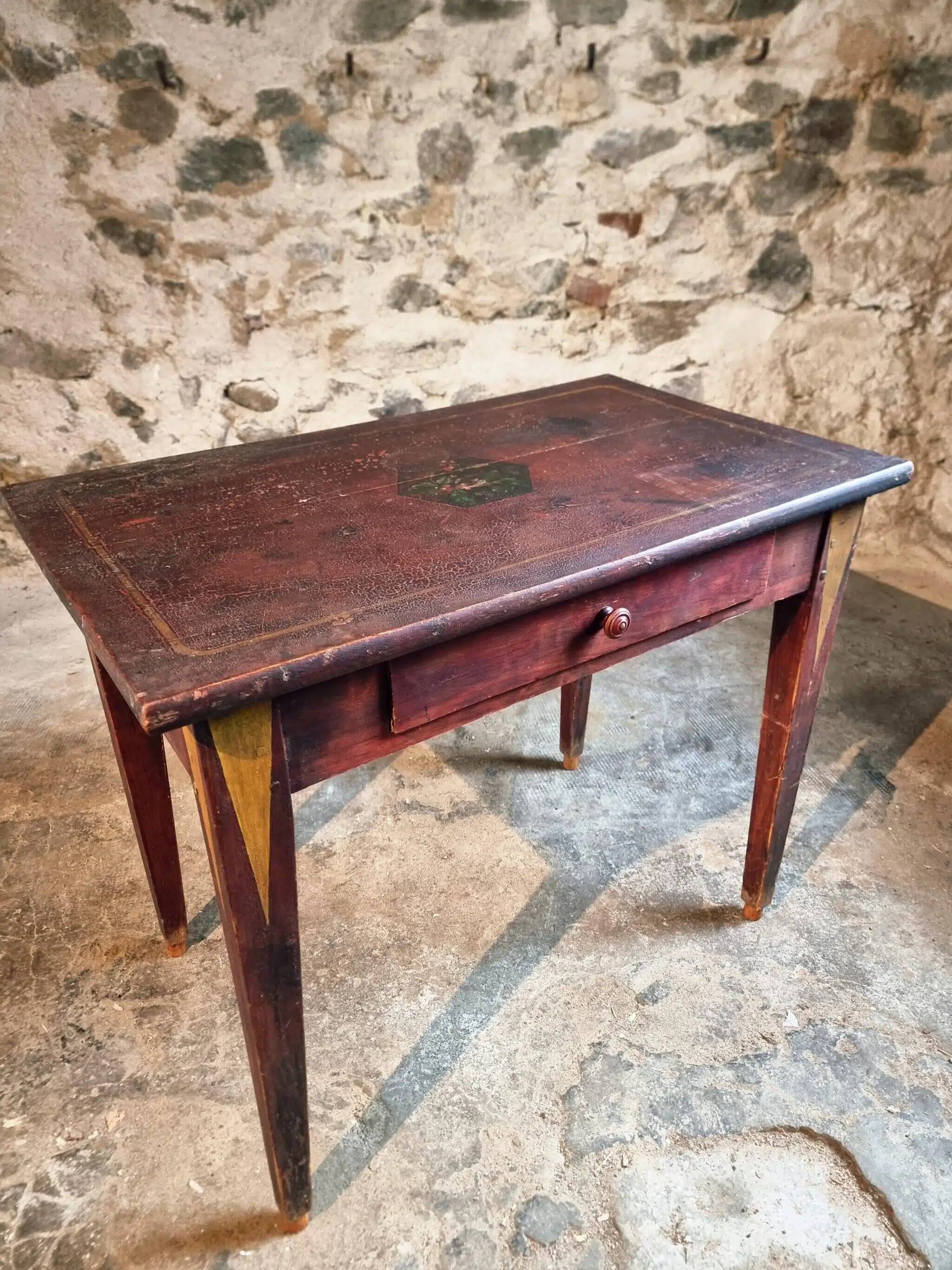 Antique French pine writing table, hand-painted folk art with drawer, signed 1916