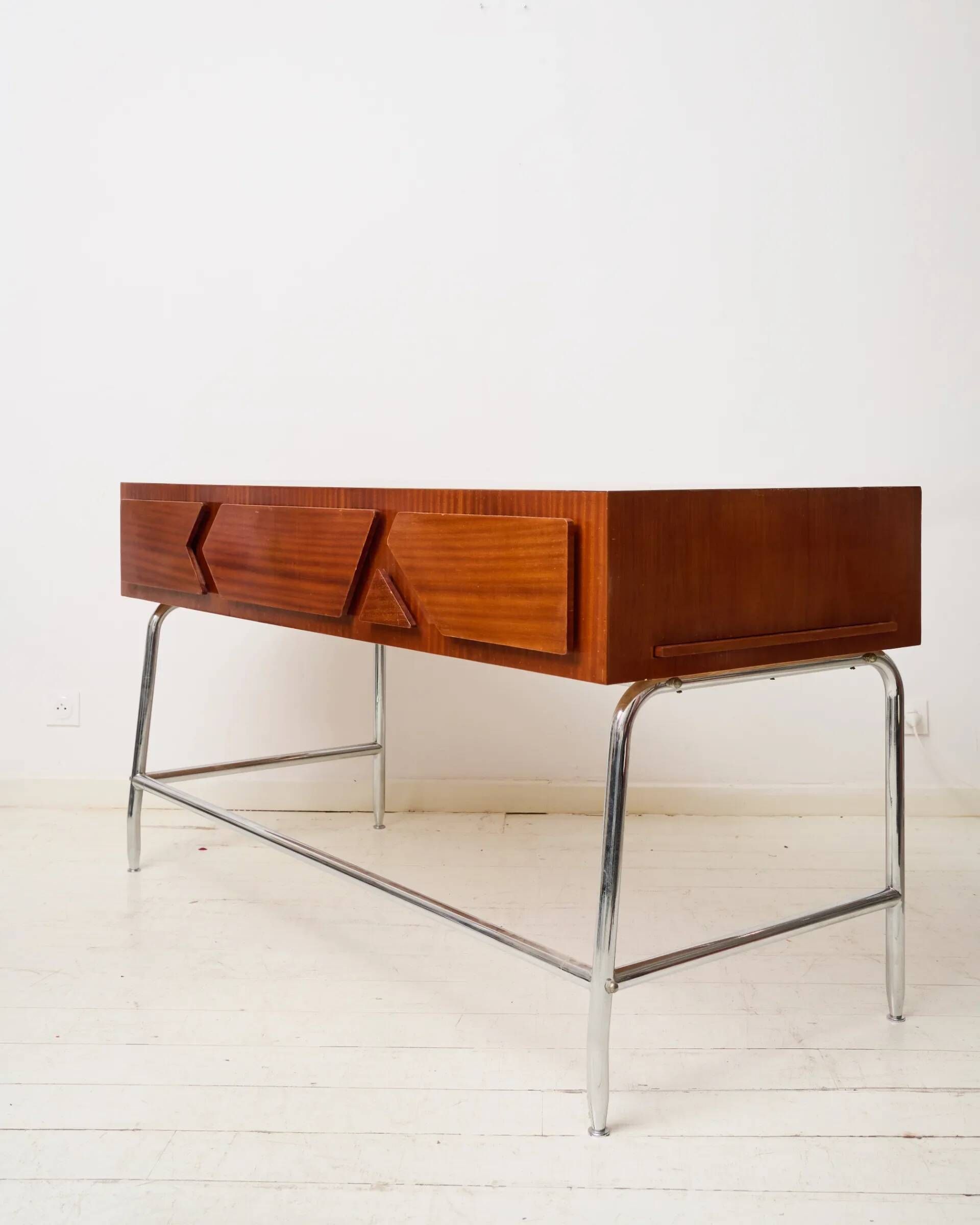 Mahogany and chrome metal desk, Italian manufacture, Italy, 1960s