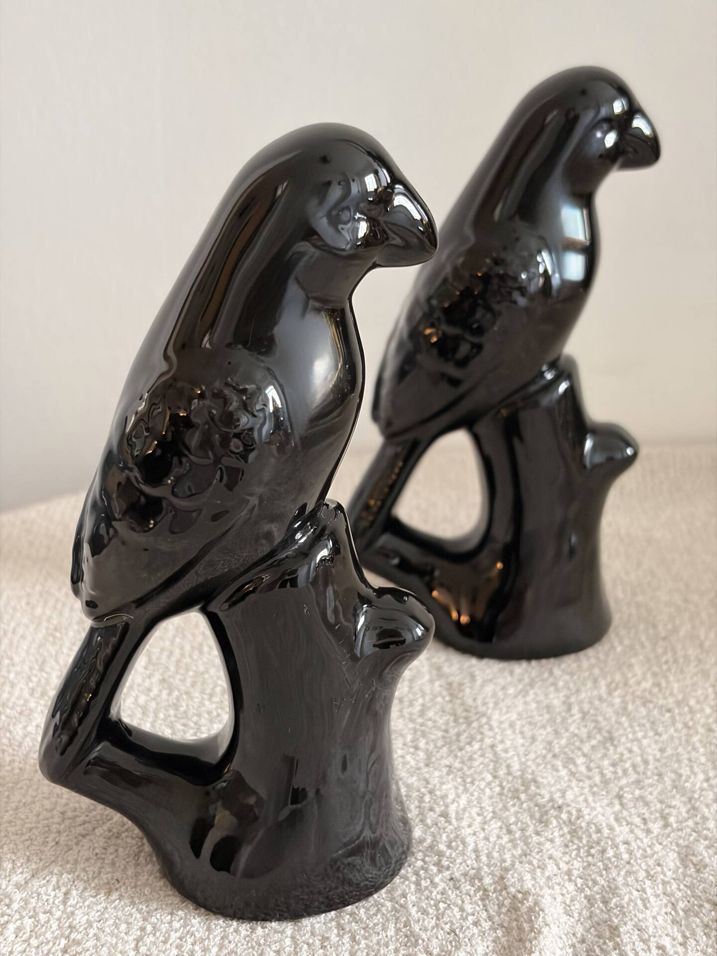 Pair of Mid-Century Gloss Black Ceramic Bird Figurines (Ravens/Crows)