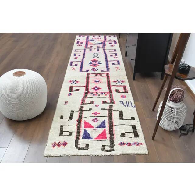 1970s Vintage Turkish Hand-Knotted Wool Cotton White Runner Rug 92x330