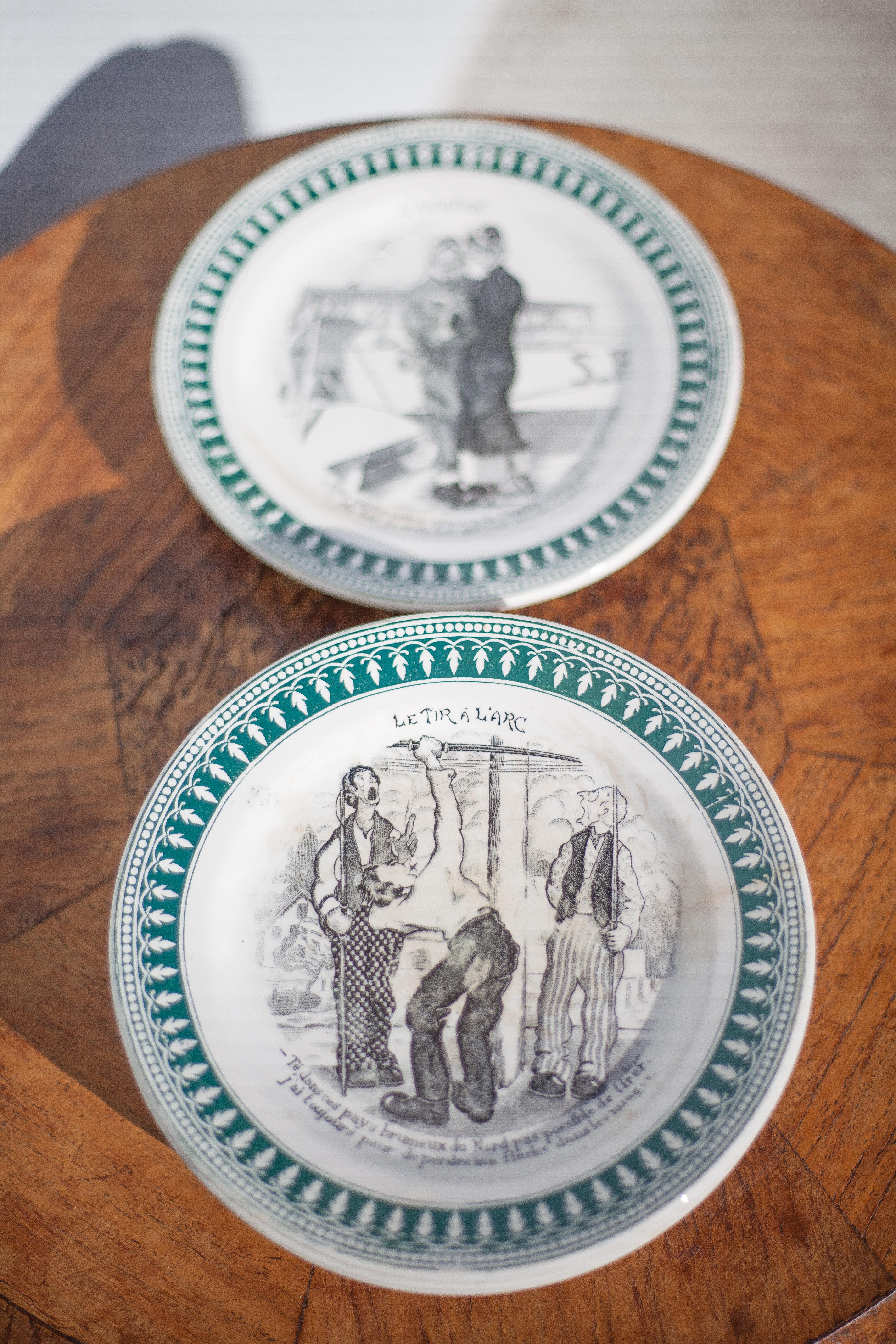 Service ceramic dessert plate St Amand x 11, cheese plate, talking plate theme sport