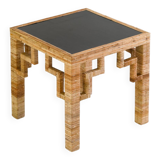 Greek Key Patterned Rattan Side Table with Black Laquered Top