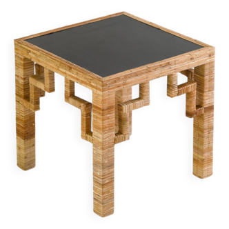 Greek Key Patterned Rattan Side Table with Black Laquered Top
