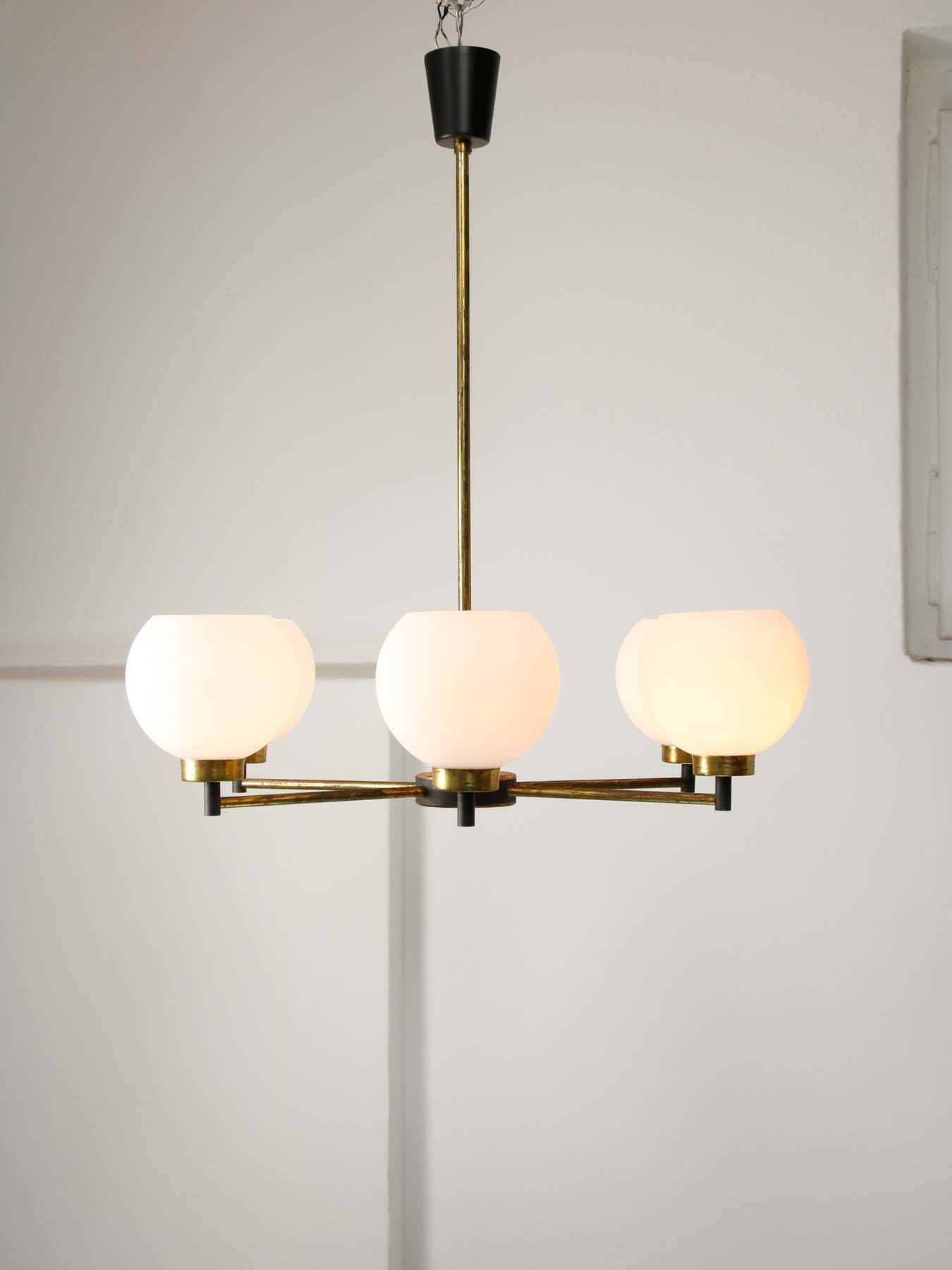 Mid-century Italian Brass and Opaline Chandelier