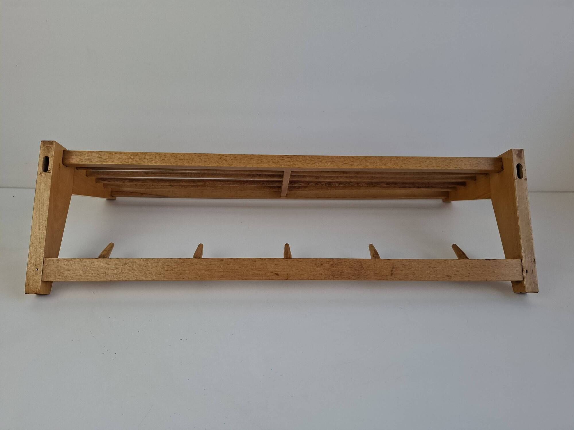Uluv czechoslovakian mid-century wooden wall coat rack with shelf, 1970