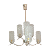 Six-burner chandelier in structured glass and chrome/vintage metal 60s-70s