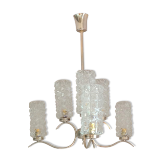 Six-burner chandelier in structured glass and chrome/vintage metal 60s-70s