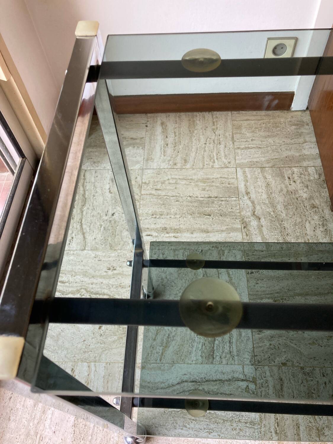 Vintage chrome dessert table, 2 smoked glass trays.