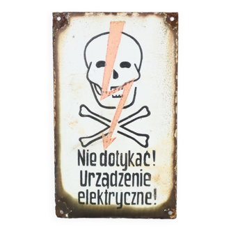 Panneau en émail polonais, objet de collection, tête de mort haute tension, danger