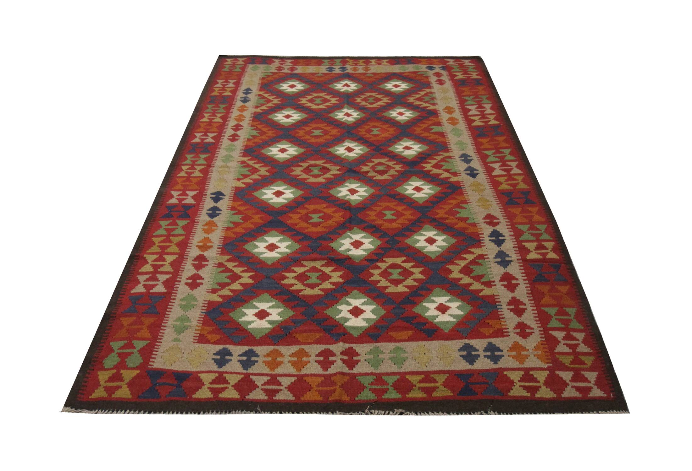 Burgundy Wool Kilim Rug, Large Afghan Tribal Flatweave 304x200cm